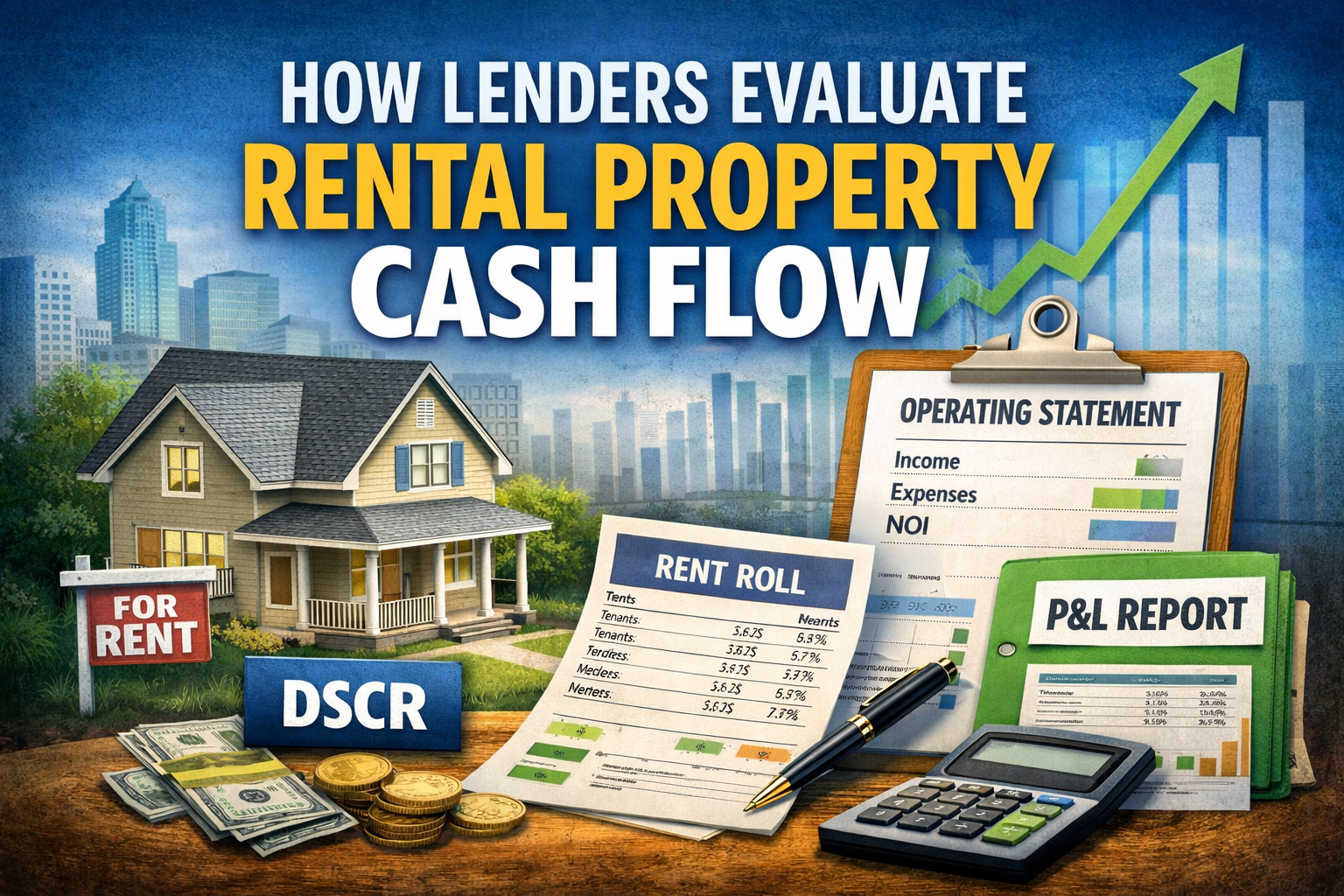 Graphic showing how lenders evaluate rental property cash flow, with a rental home, rent roll, operating statement, P&L report, calculator, and DSCR concept.