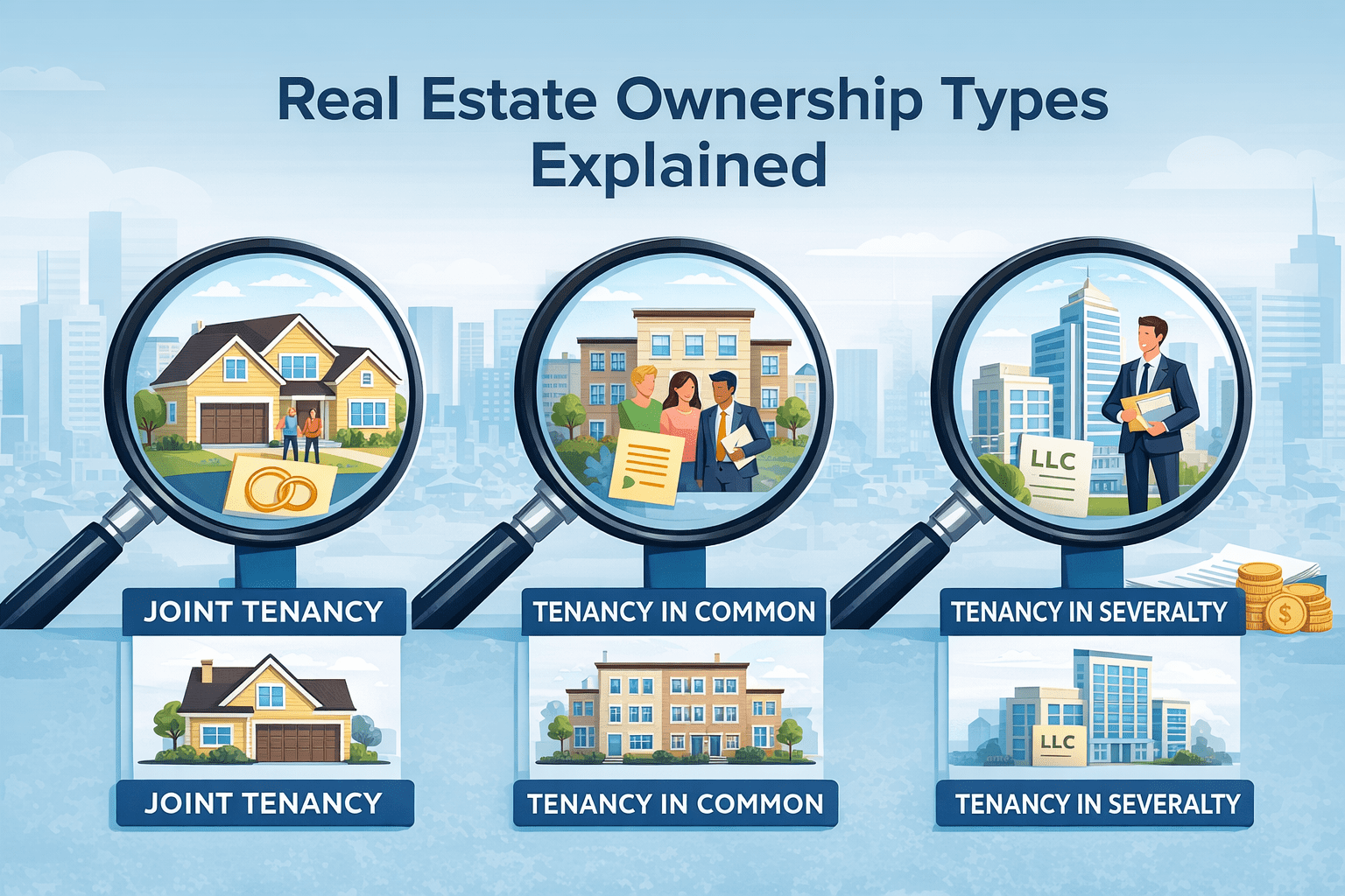 Illustration showing real estate ownership types including joint tenancy, tenancy in common, and tenancy in severalty with magnifying glasses over different property ownership scenarios