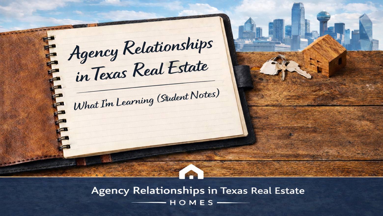Notebook titled “Agency Relationships in Texas Real Estate” with Dallas skyline and home buying symbols