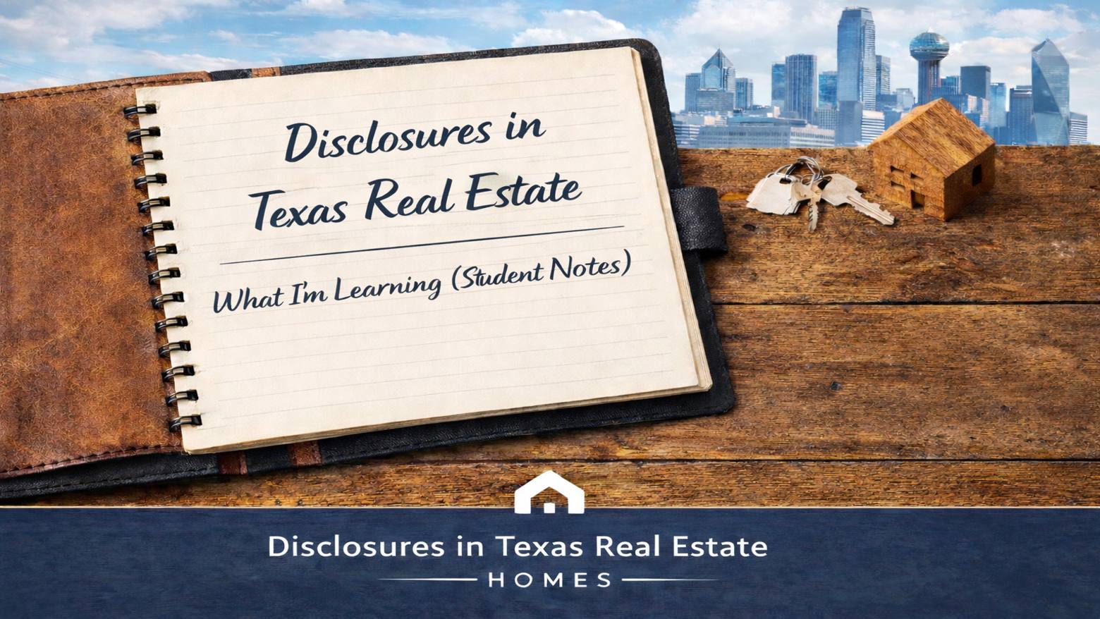 Notebook titled “Disclosures in Texas Real Estate” with Dallas skyline and home buying symbols