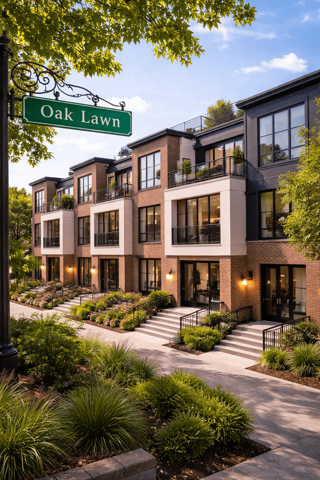 Modern townhomes in Oak Lawn Dallas with Oak Lawn street sign, representing urban condo and townhome living