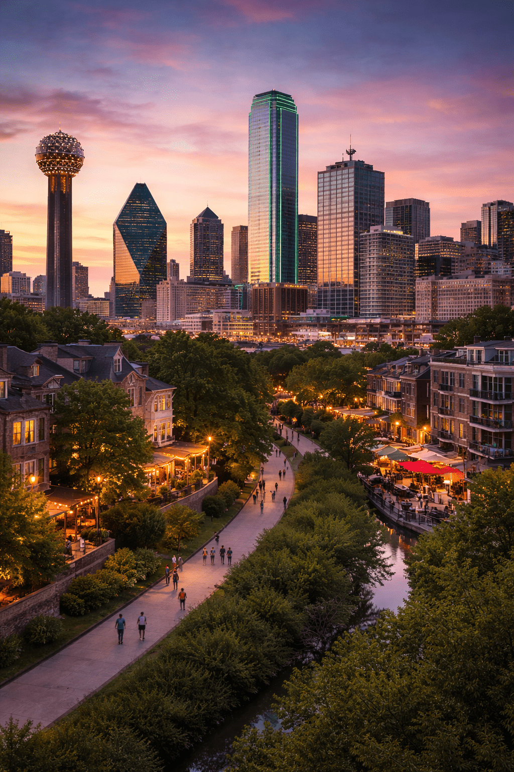 Dallas skyline at sunset representing Oak Lawn, Uptown, and Downtown neighborhoods with urban living and real estate