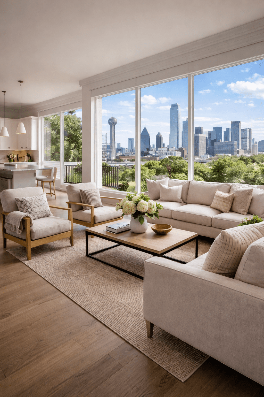 Bright modern home interior in Oak Lawn Dallas with city skyline view, representing selling a home in urban Dallas