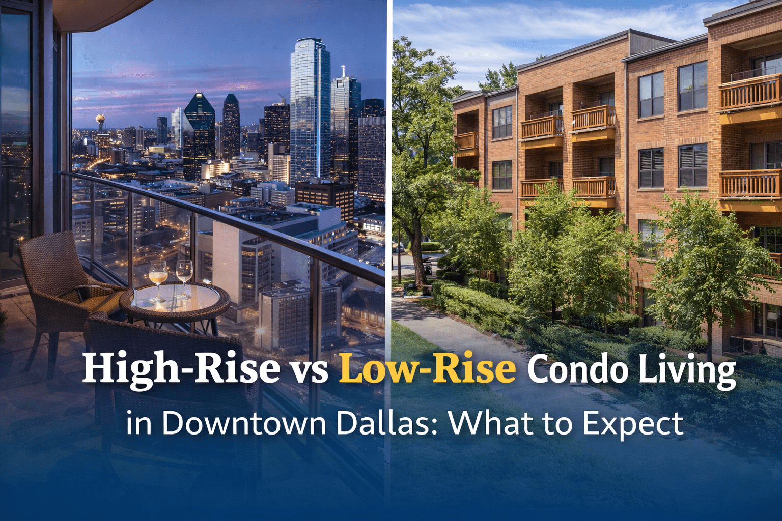 High-rise and low-rise condo living comparison in Downtown Dallas with skyline and residential buildings