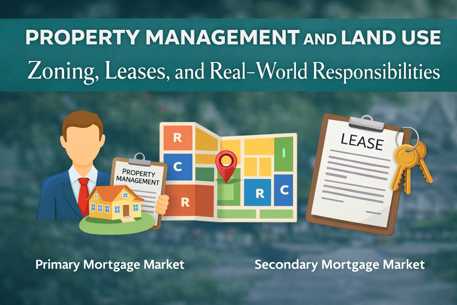 Illustration showing property management concepts including zoning maps, lease documents, and a property manager overseeing residential real estate
